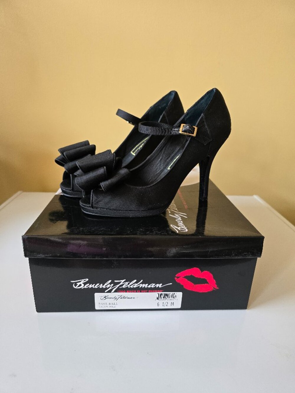 Beverly Feldman Fast-Ball Peep Toe Satin Heels